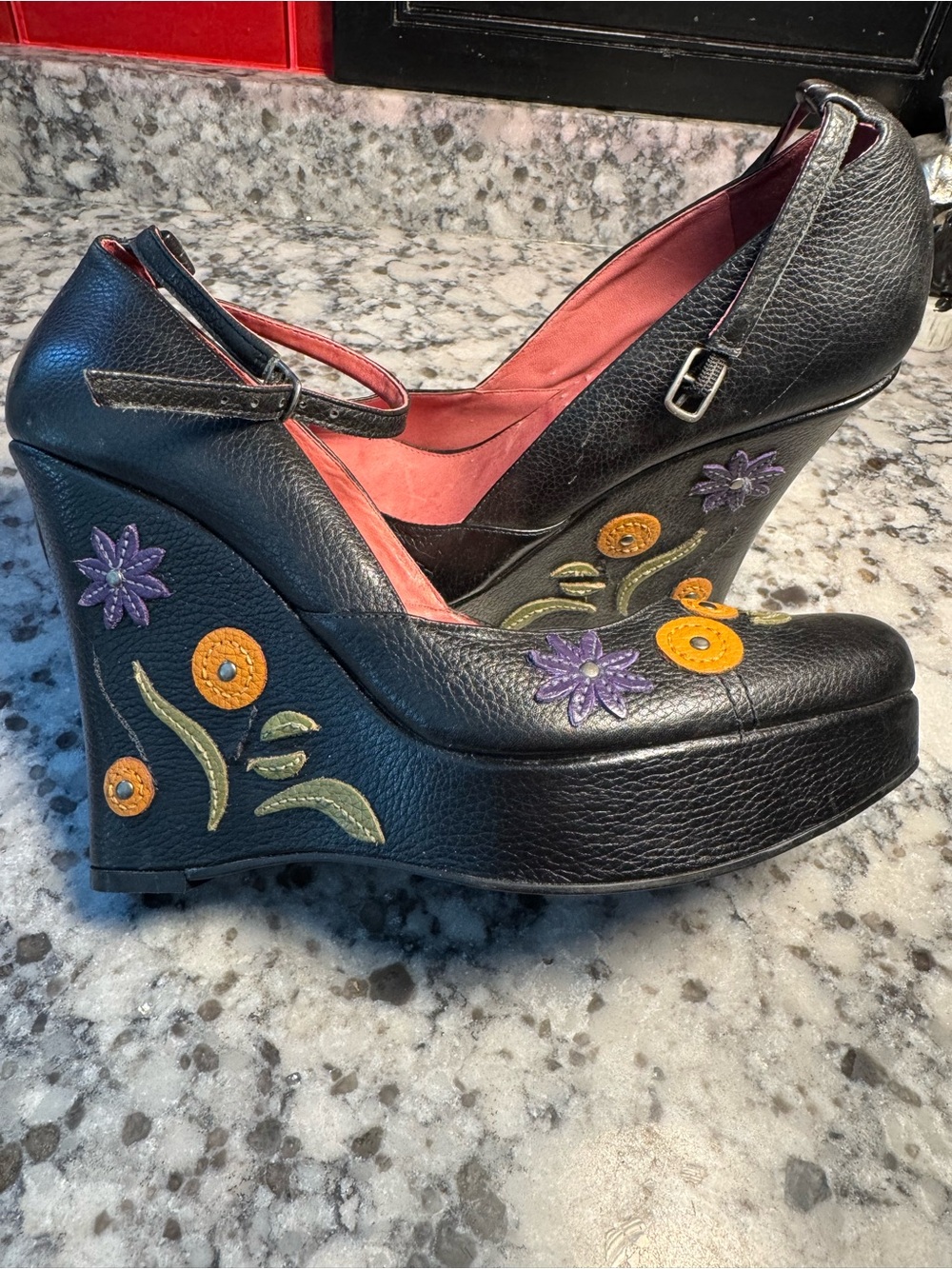 Vince Camuto Black Leather Floral Appliqué Platform Wedges with Ankle Strap